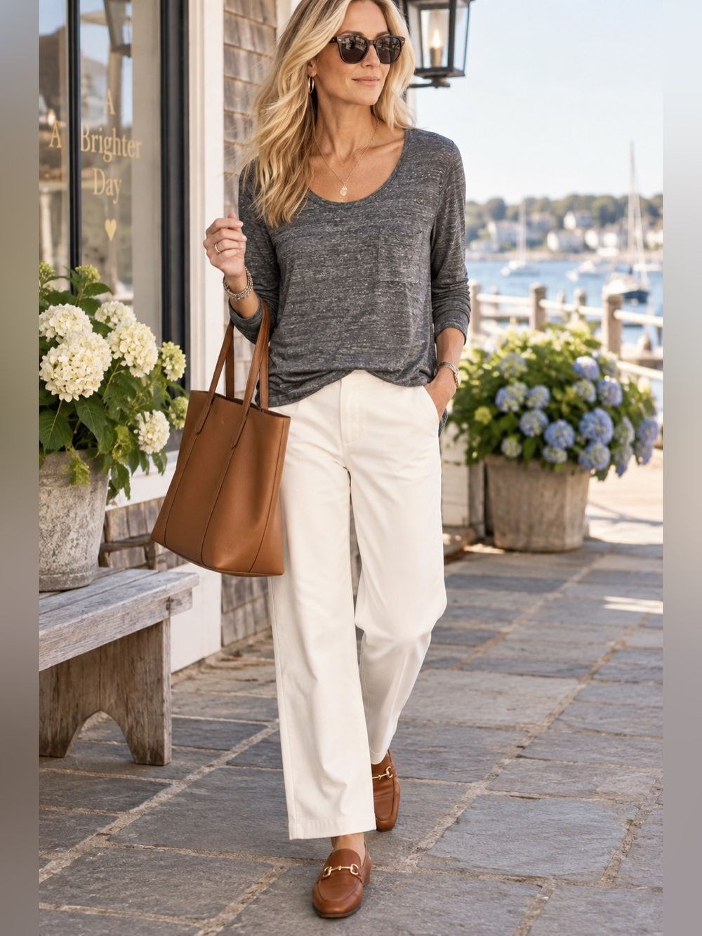 Gap Linen Blend Charcoal Gray Scoop Neck Pocket Long Sleeve Top
